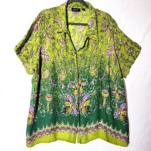 Avenue Button Down Tunic Womens Sz 30/32 Short Sleeve Semi Sheer Green Floral